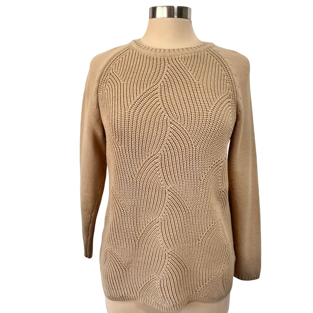 Talbots Swirl Ribbed Camel Cotton Crew Neck Sweater Sz Lp Chunky Minimalist Chic